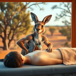 A cute yet muscular kangaroo working as a massage therapist in an Australian setting