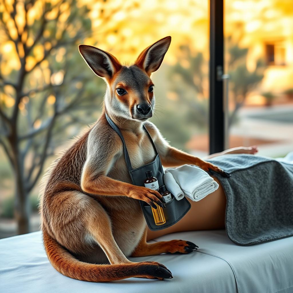 A cute yet muscular kangaroo working as a massage therapist in an Australian setting