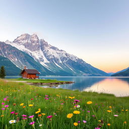 A serene Alpine landscape with majestic snow-covered mountains towering over a crystal-clear lake