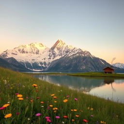 A serene Alpine landscape with majestic snow-covered mountains towering over a crystal-clear lake