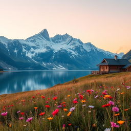 A serene Alpine landscape with majestic snow-covered mountains towering over a crystal-clear lake