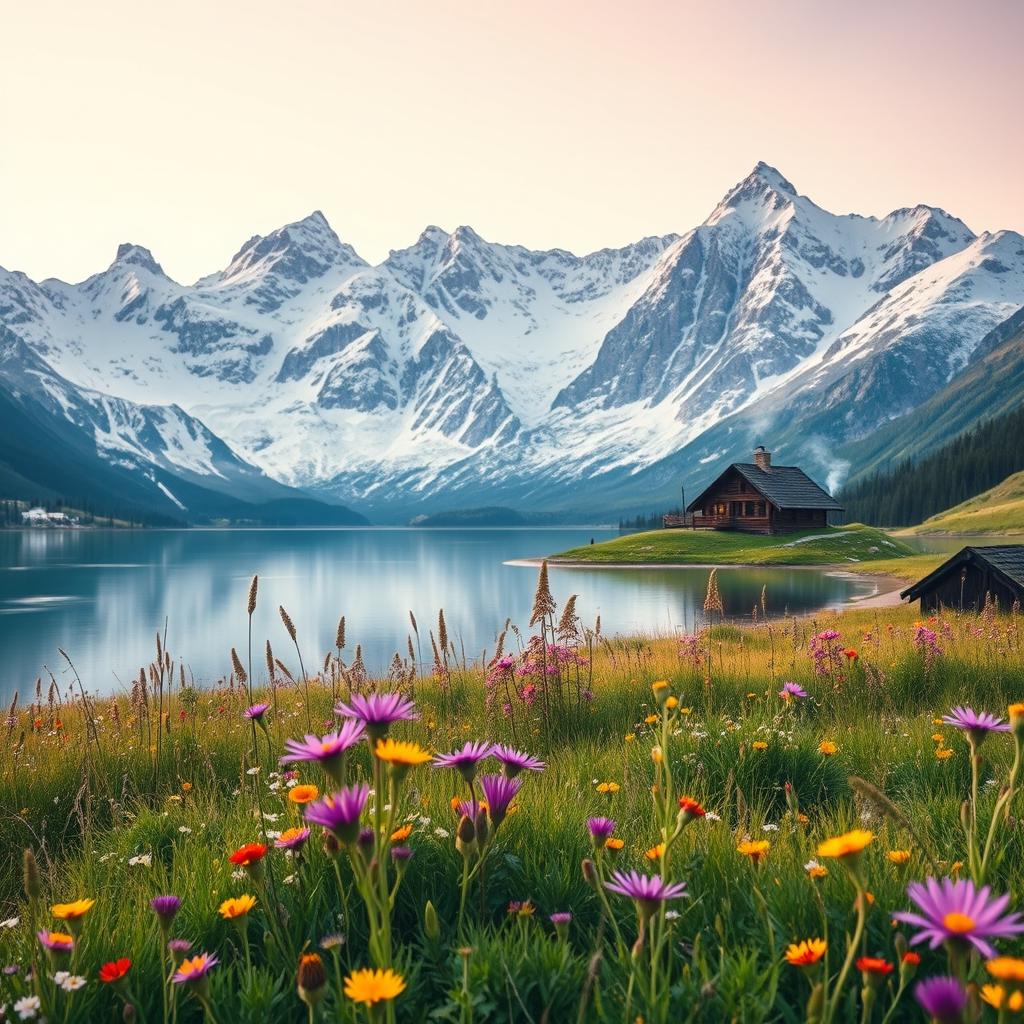 A serene Alpine landscape with majestic snow-covered mountains towering over a crystal-clear lake