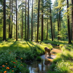 a beautiful, serene forest with tall, lush green trees