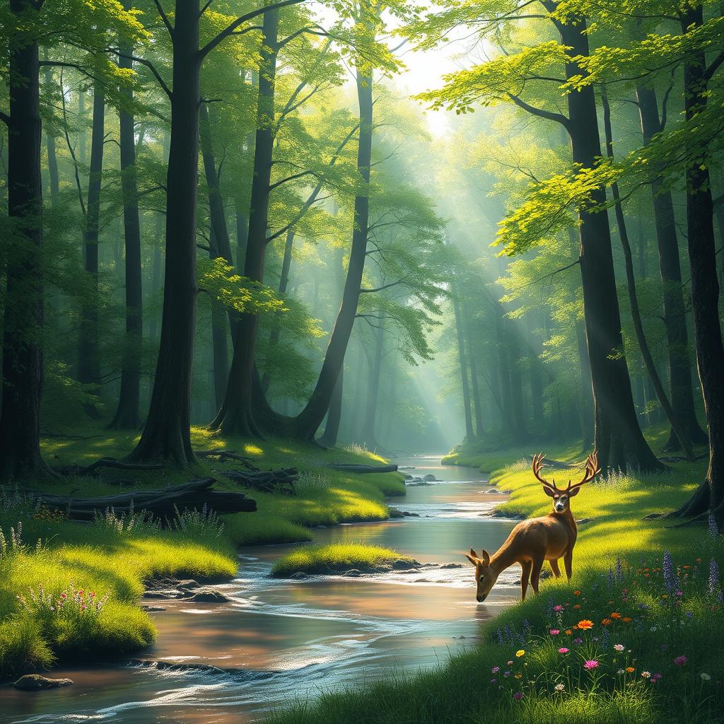 a beautiful, serene forest with tall, lush green trees