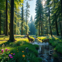 a beautiful, serene forest with tall, lush green trees