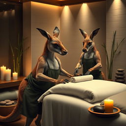 Two muscular kangaroos working as massage therapists in an upscale spa setting, one kangaroo is wearing a professional massage therapist outfit, gently massaging a client's shoulders, and the other is preparing a massage table with towels and essential oils