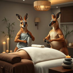 Two muscular kangaroos working as massage therapists in an upscale spa setting, one kangaroo is wearing a professional massage therapist outfit, gently massaging a client's shoulders, and the other is preparing a massage table with towels and essential oils