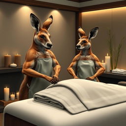 Two muscular kangaroos working as massage therapists in an upscale spa setting, one kangaroo is wearing a professional massage therapist outfit, gently massaging a client's shoulders, and the other is preparing a massage table with towels and essential oils