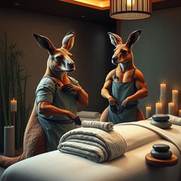 Two muscular kangaroos working as massage therapists in an upscale spa setting, one kangaroo is wearing a professional massage therapist outfit, gently massaging a client's shoulders, and the other is preparing a massage table with towels and essential oils