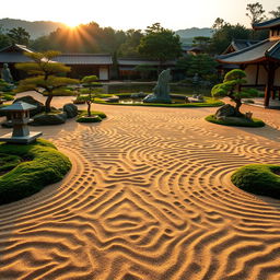 A serene and beautiful landscape of a Japanese zen garden, with meticulously raked sand forming intricate patterns