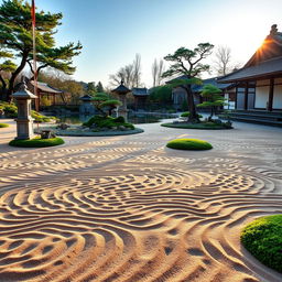 A serene and beautiful landscape of a Japanese zen garden, with meticulously raked sand forming intricate patterns