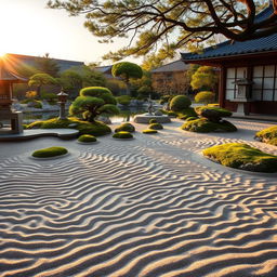 A serene and beautiful landscape of a Japanese zen garden, with meticulously raked sand forming intricate patterns