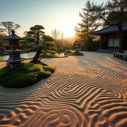 A serene and beautiful landscape of a Japanese zen garden, with meticulously raked sand forming intricate patterns