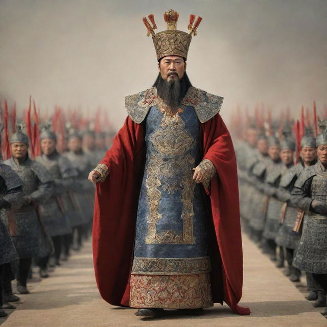 Qin Shi Huang, the first Emperor of China, dressed in regal attire, participating in a momentous event from Record of Ragnarok