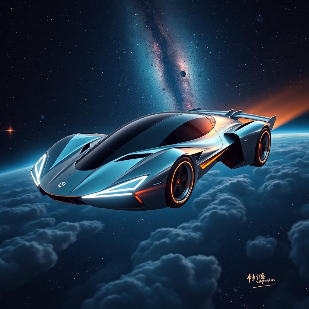 A futuristic flying car soaring through the vast expanse of space, displaying sleek aerodynamic lines and glowing neon accents