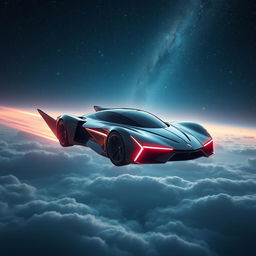 A futuristic flying car soaring through the vast expanse of space, displaying sleek aerodynamic lines and glowing neon accents