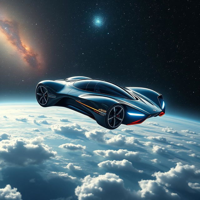 A futuristic flying car soaring through the vast expanse of space, displaying sleek aerodynamic lines and glowing neon accents