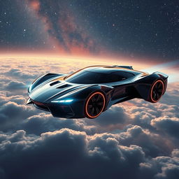 A futuristic flying car soaring through the vast expanse of space, displaying sleek aerodynamic lines and glowing neon accents