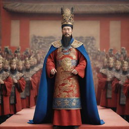 Qin Shi Huang, the first Emperor of China, dressed in regal attire, participating in a momentous event from Record of Ragnarok