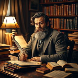 A man with a rugged beard sitting at a wooden desk, surrounded by antique books and manuscripts