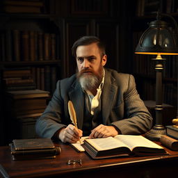 A man with a rugged beard sitting at a wooden desk, surrounded by antique books and manuscripts