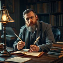 A man with a rugged beard sitting at a wooden desk, surrounded by antique books and manuscripts