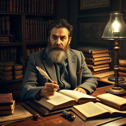 A man with a rugged beard sitting at a wooden desk, surrounded by antique books and manuscripts