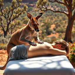 A muscular kangaroo giving a relaxing massage to a woman who is lying face down on a massage table, outdoors in a picturesque Australian landscape