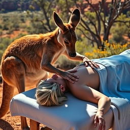 A muscular kangaroo giving a relaxing massage to a woman who is lying face down on a massage table, outdoors in a picturesque Australian landscape