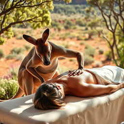 A muscular kangaroo giving a relaxing massage to a woman who is lying face down on a massage table, outdoors in a picturesque Australian landscape