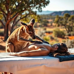 A muscular kangaroo giving a relaxing massage to a woman who is lying face down on a massage table, outdoors in a picturesque Australian landscape