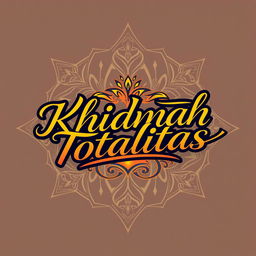 Stylish and elegant typography depicting the phrase "Khidmah Totalitas" in a modern calligraphic style, with a vibrant and dynamic background featuring subtle geometric patterns