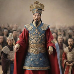 Qin Shi Huang, the first Emperor of China, dressed in regal attire, participating in a momentous event from Record of Ragnarok