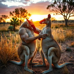 A muscular kangaroo expertly massaging his partner, another kangaroo, in an affectionate and serene moment