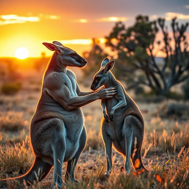 A muscular kangaroo expertly massaging his partner, another kangaroo, in an affectionate and serene moment