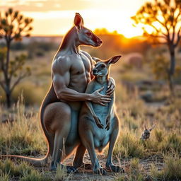 A muscular kangaroo expertly massaging his partner, another kangaroo, in an affectionate and serene moment