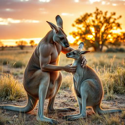 A muscular kangaroo expertly massaging his partner, another kangaroo, in an affectionate and serene moment