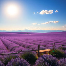 A serene landscape depicting a vast, rolling field of lavender under a clear blue sky