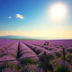 A serene landscape depicting a vast, rolling field of lavender under a clear blue sky