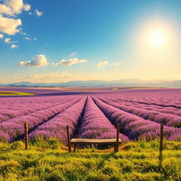 A serene landscape depicting a vast, rolling field of lavender under a clear blue sky