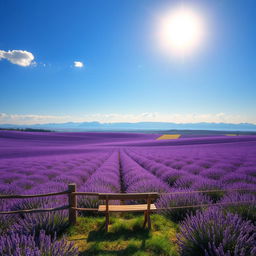 A serene landscape depicting a vast, rolling field of lavender under a clear blue sky