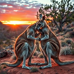 A muscular kangaroo skillfully massaging his partner, another kangaroo, in a tender moment amid the natural beauty of the Australian landscape