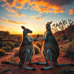 A muscular kangaroo skillfully massaging his partner, another kangaroo, in a tender moment amid the natural beauty of the Australian landscape