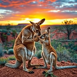 A muscular kangaroo skillfully massaging his partner, another kangaroo, in a tender moment amid the natural beauty of the Australian landscape