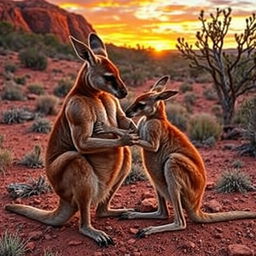 A muscular kangaroo skillfully massaging his partner, another kangaroo, in a tender moment amid the natural beauty of the Australian landscape