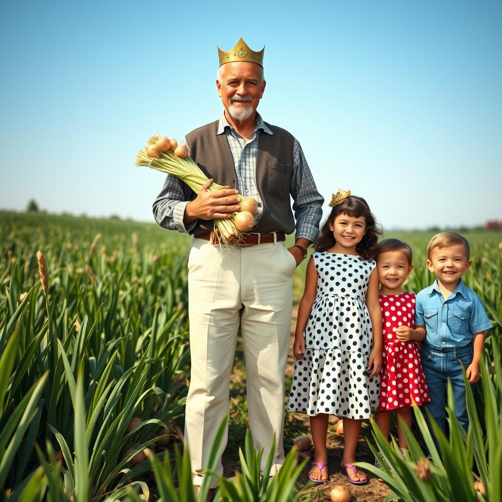 The Onion King, a striking 40-year-old man, standing proudly in a lush onion field in the year 1956, holding a bundle of onions and a stack of money