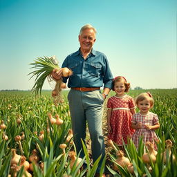 The Onion King, a striking 40-year-old man, standing proudly in a lush onion field in the year 1956, holding a bundle of onions and a stack of money