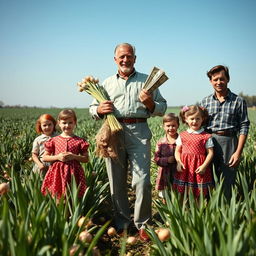 The Onion King, a striking 40-year-old man, standing proudly in a lush onion field in the year 1956, holding a bundle of onions and a stack of money