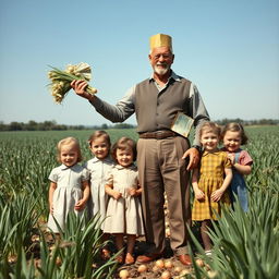 The Onion King, a striking 40-year-old man, standing proudly in a lush onion field in the year 1956, holding a bundle of onions and a stack of money