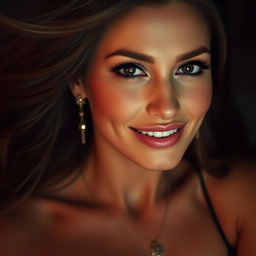 A sensual portrait of an attractive individual with sultry eyes and a seductive smile, set against a softly lit backdrop that enhances the subject's alluring features